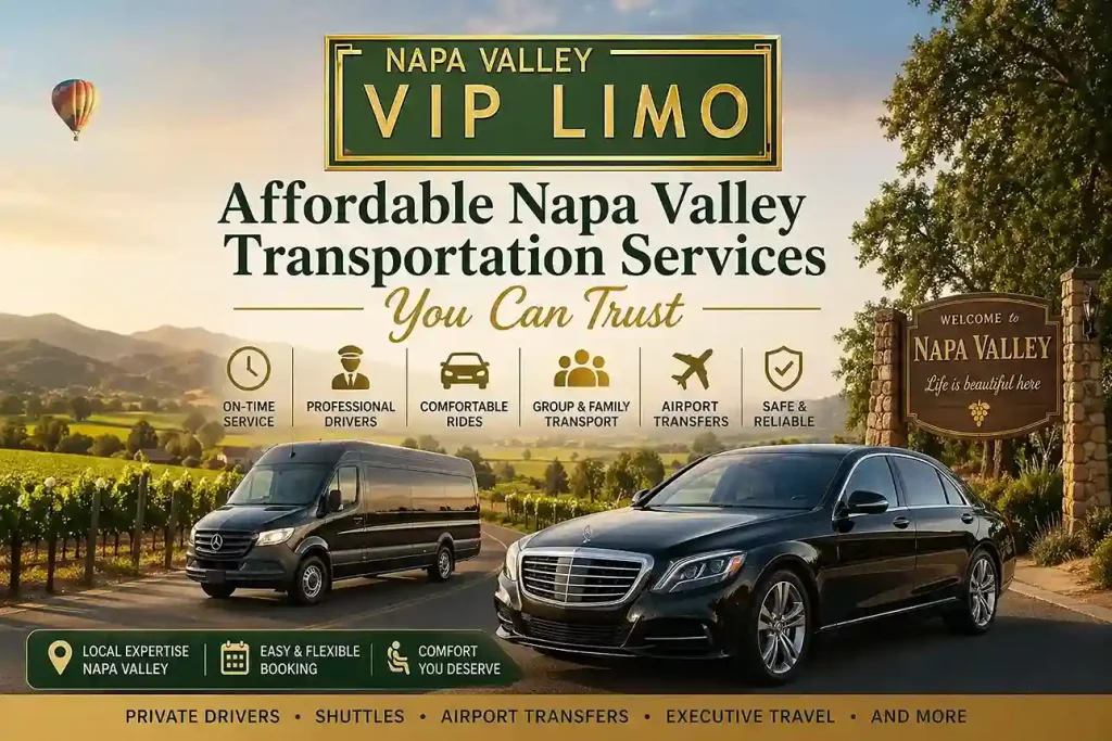 Affordable Napa Valley transportation services with VIP limo, private drivers, airport transfers, and luxury vehicles in scenic vineyards