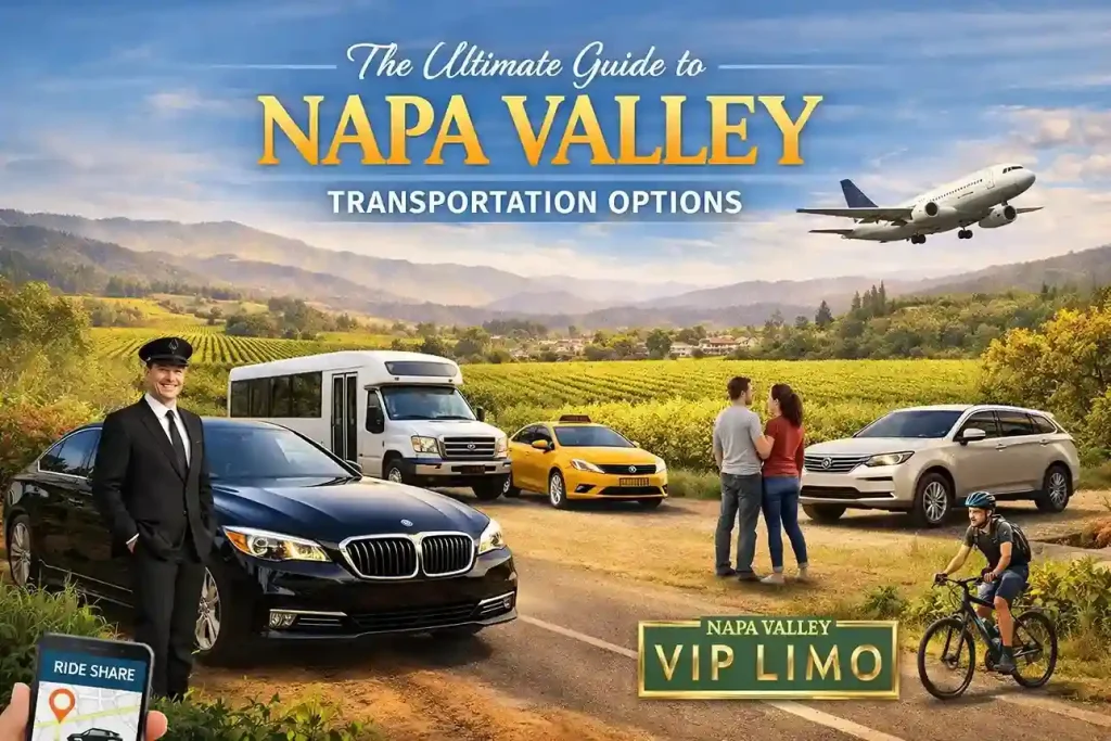 Napa Valley transportation options featuring limo service, shuttle bus, taxi, bike, and airport transfer with Napa Valley VIP Limo branding