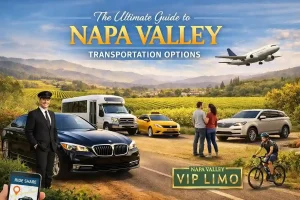 Napa Valley transportation options featuring limo service, shuttle bus, taxi, bike, and airport transfer with Napa Valley VIP Limo branding