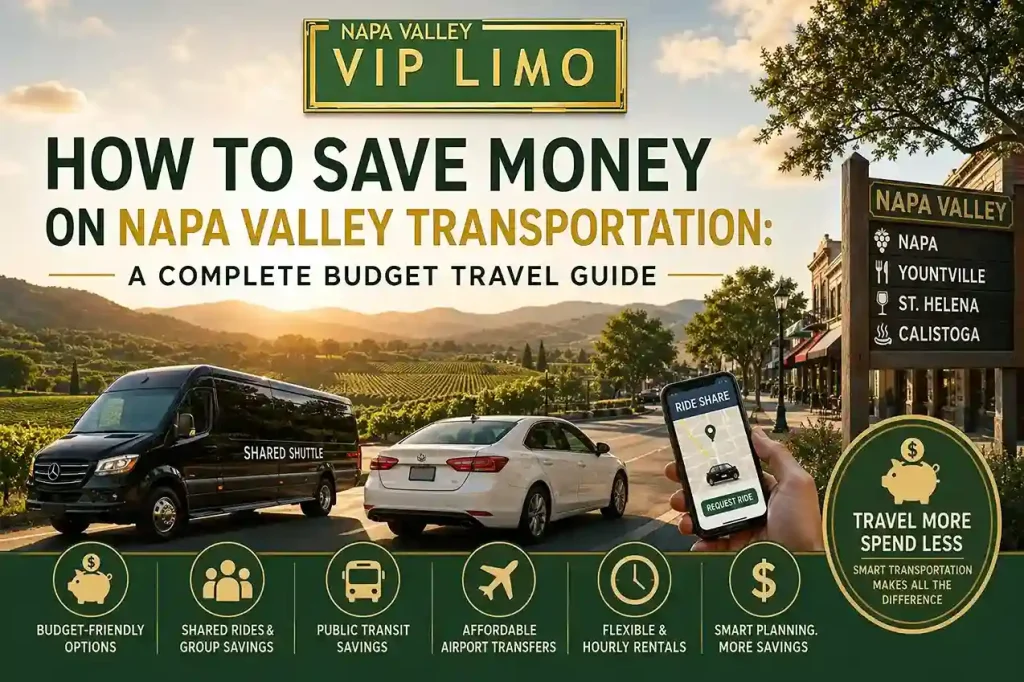 Budget-friendly Napa Valley transportation guide showing shared shuttle, rideshare car, and scenic vineyard route with Napa Valley VIP Limo branding