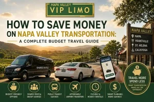 Budget-friendly Napa Valley transportation guide showing shared shuttle, rideshare car, and scenic vineyard route with Napa Valley VIP Limo branding