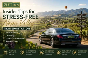 Luxury Napa Valley transportation service vehicle driving through scenic vineyards with Napa Valley VIP Limo logo for stress-free travel.