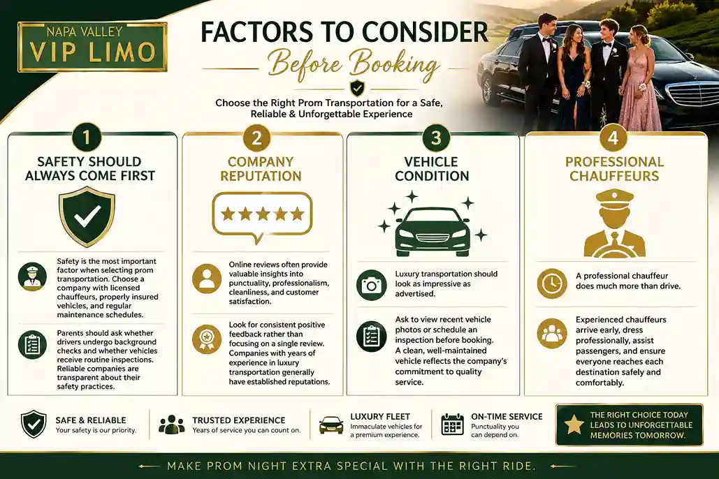Infographic highlighting key factors to consider before booking Prom Car Rentals Napa Valley, including safety, company reputation, vehicle condition, and professional chauffeurs.