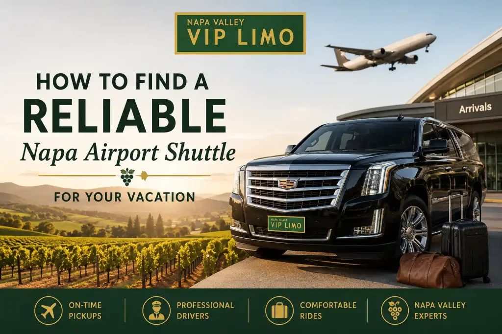 Luxury Napa Airport Shuttle by Napa Valley VIP Limo featuring a premium SUV at the airport with Napa Valley vineyards in the background.