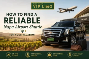 Luxury Napa Airport Shuttle by Napa Valley VIP Limo featuring a premium SUV at the airport with Napa Valley vineyards in the background.
