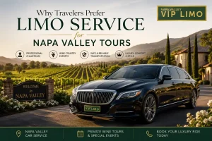 Luxury black limousine parked in Napa Valley vineyards during sunset, promoting premium limo service for wine tours with professional chauffeurs and private transportation.