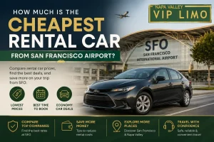Cheapest rental car from San Francisco Airport with Napa Valley VIP Limo logo and economy car in front of SFO terminal.