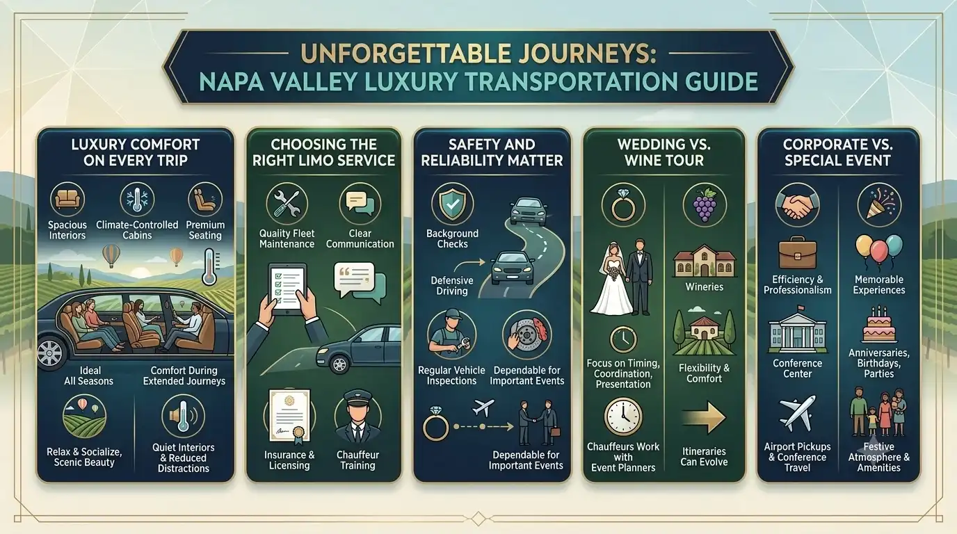 Napa Valley Luxury Transportation Infographic Guide A comprehensive landscape infographic titled 'Unforgettable Journeys: Napa Valley Luxury Transportation Guide'. It features five distinct columns detailing luxury comfort features, how to choose a limousine service, safety standards, wedding vs. wine tour differences, and corporate vs. special event needs, set against a background of vineyard hills.
