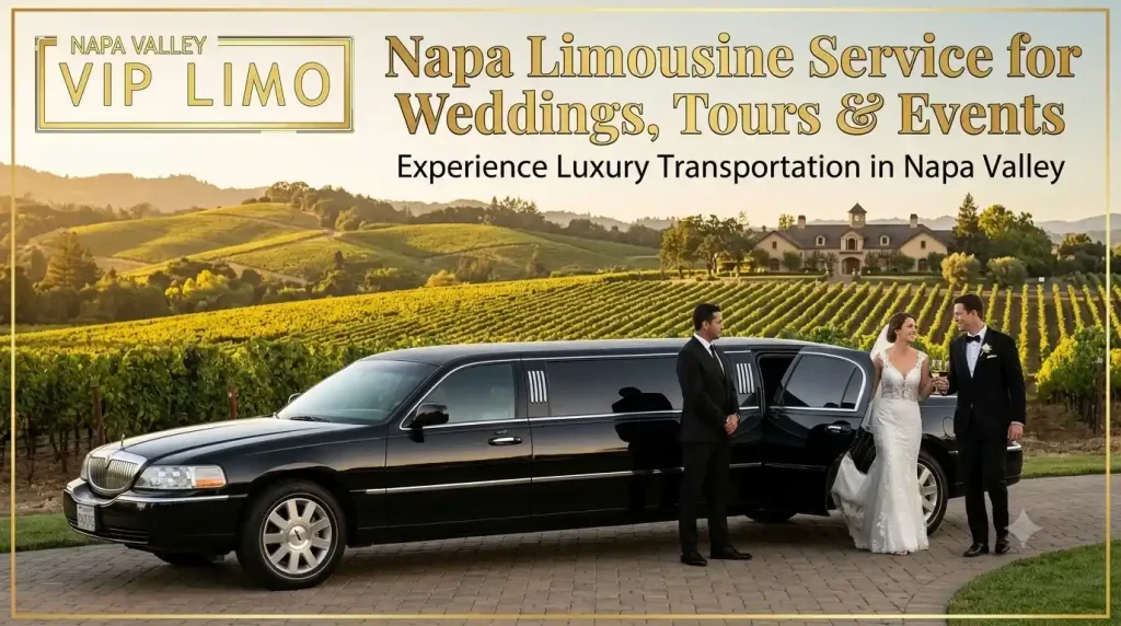 A luxury black stretch limousine parked on a paved driveway next to a sprawling Napa Valley vineyard, featuring a bride and groom stepping out with a professional chauffeur holding the door open.