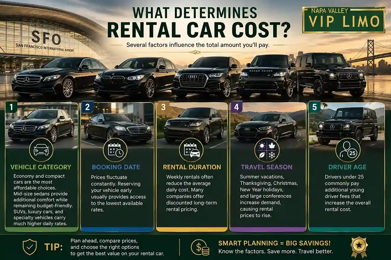 What Determines Rental Car Cost? | Luxury Rental Car Cost Luxury rental car cost infographic showing the factors that affect car rental prices at San Francisco Airport with Napa Valley VIP Limo branding.