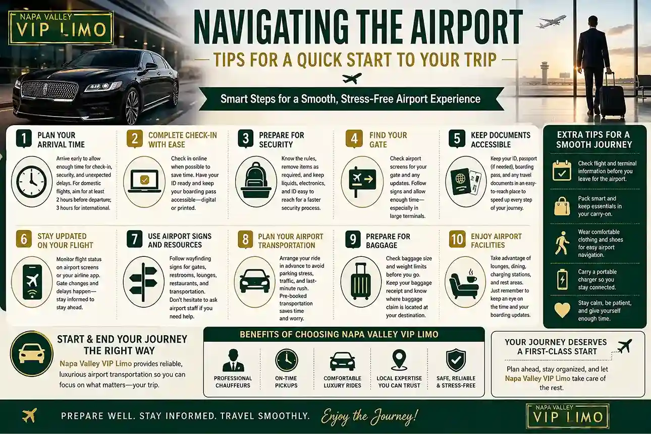 Navigating the Airport – Tips for a Quick Start to Your Trip Navigating the airport infographic with 10 tips for a smooth and stress-free trip