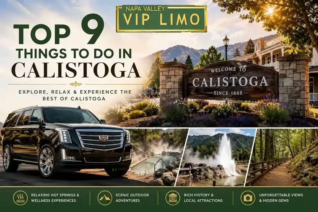 Top 9 things to do in Calistoga featuring hot springs, scenic trails, attractions, and a luxury limo