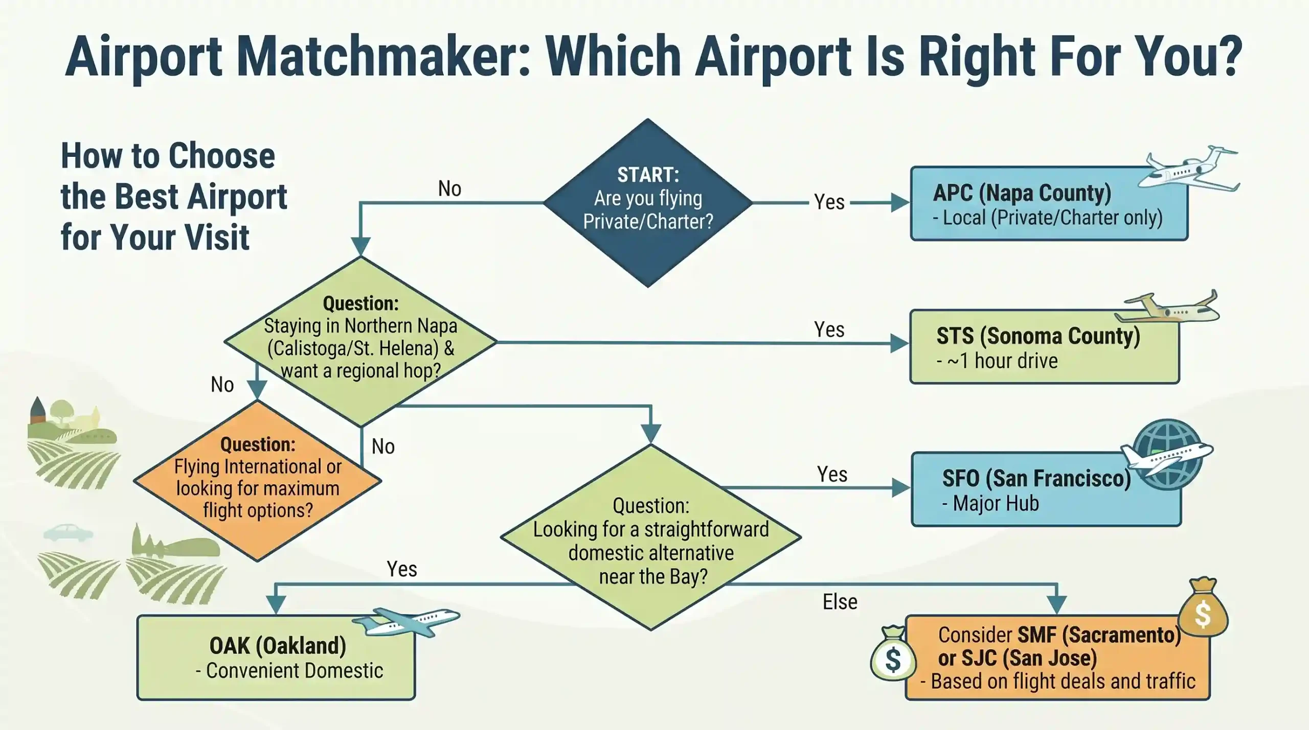 A decision-tree infographic titled "Airport Matchmaker: Which Airport Is Right For You?" helping travelers choose between APC, STS, SFO, OAK, SMF, and SJC airports based on flight type, location, and preferences.
