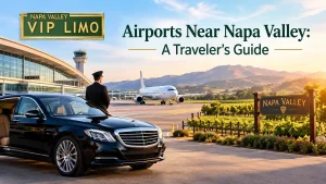 Airports near Napa Valley travel guide featuring a luxury black sedan, airport terminal, airplane, and Napa Valley scenery.