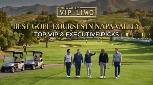 Group of golfers walking on a scenic fairway in Napa Valley with golf carts parked nearby and rolling vineyard hills in the background.