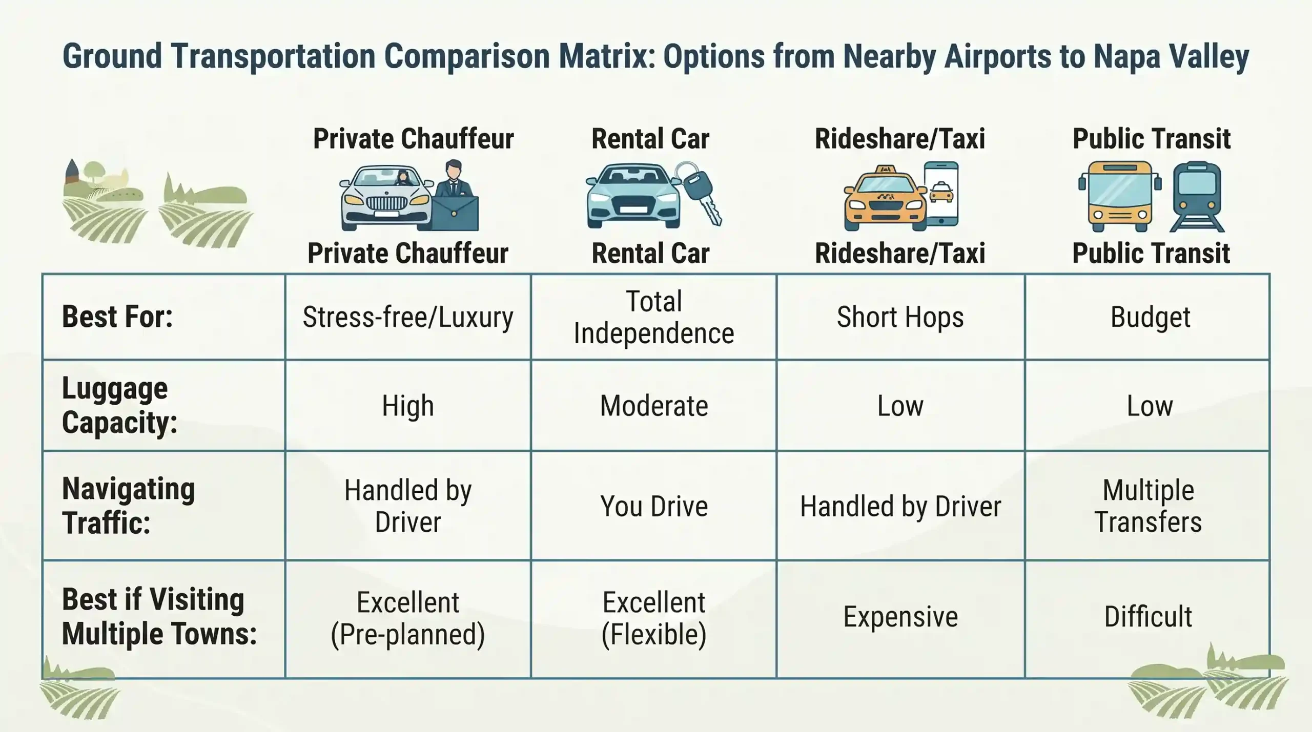 A comparison matrix table titled "Ground Transportation Comparison Matrix: Options from Nearby Airports to Napa Valley" evaluating Private Chauffeurs, Rental Cars, Rideshare/Taxi, and Public Transit based on use case, luggage capacity, traffic navigation, and multi-town travel.