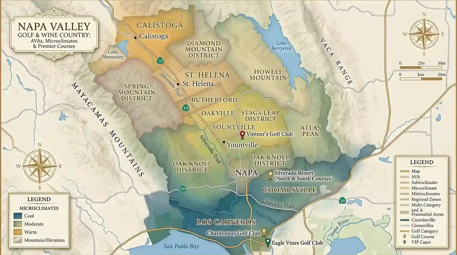 Illustrated regional map of Napa Valley displaying American Viticultural Areas, microclimate zones, and premier golf courses.
